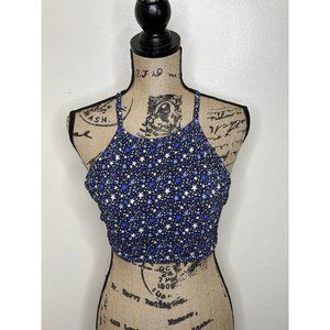 Aerie Blue Star Pattern Ribbed Halter Top Cropped Padded Size Large High Neck
